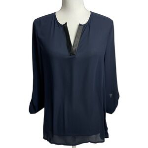 Stitch Fix 41 Hawthorn Woodling Faux Leather Detail Blouse Sz Small Semi Sheer